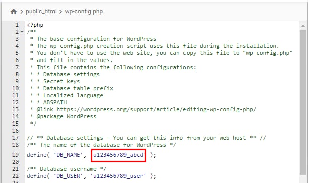 phpMyAdmin code editor showing wp-config.php with the DB_NAME value highlighted