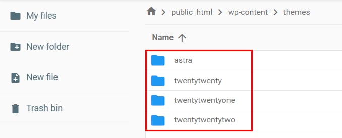 Hostinger file manager showing WordPress theme folders: astra, twentytwenty, twentytwentyone, and twentytwentytwo