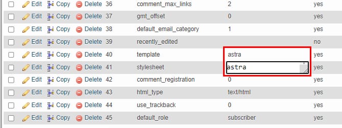 Hostinger phpMyAdmin showing WordPress theme fields template and stylesheet set to astra