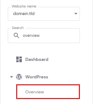 WordPress menu with Overview highlighted under the selected website domain.tld