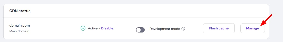 Hostinger CDN status panel with Manage button highlighted at the right