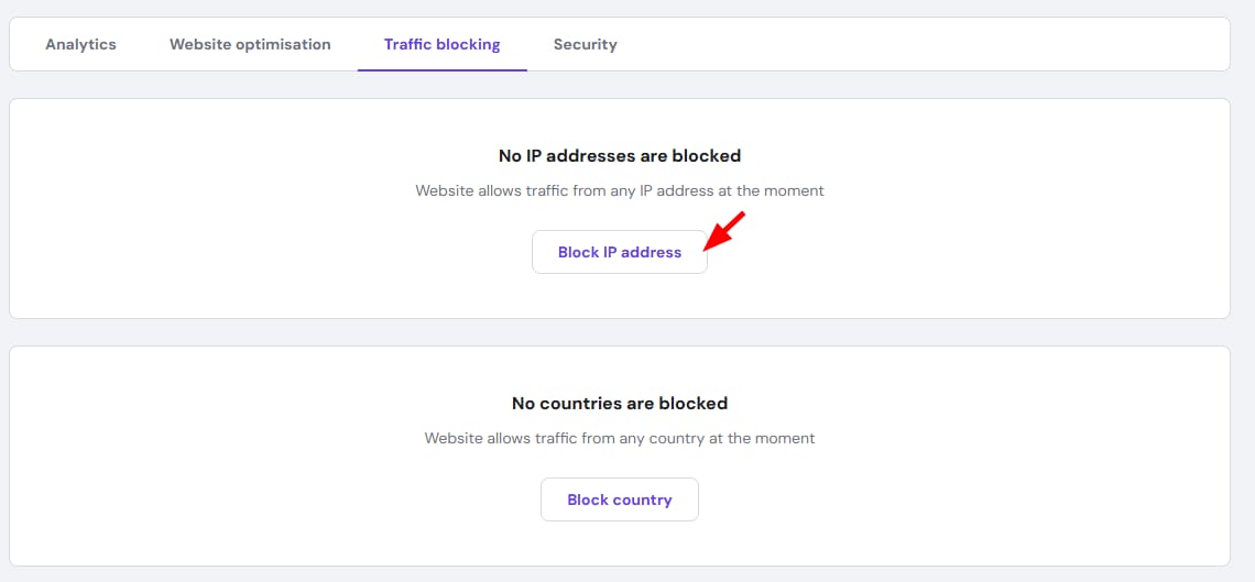 Hostinger CDN traffic blocking tab with Block IP address button highlighted