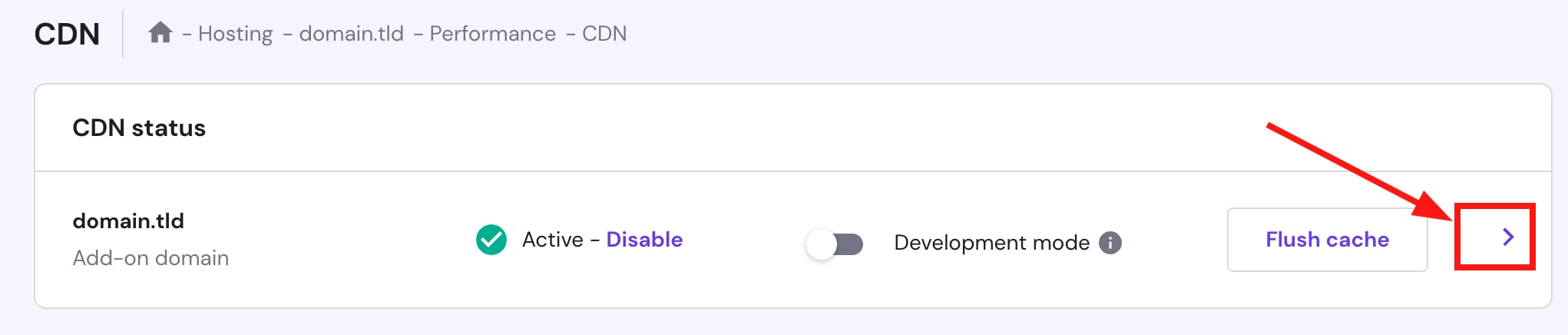 Hostinger CDN status page with the right chevron highlighted next to Flush cache
