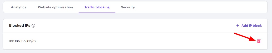 Hostinger CDN traffic blocking page with a blocked IP entry and delete icon highlighted