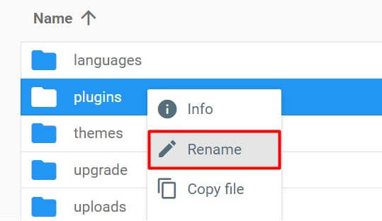 WordPress files manager showing the Plugins folder selected with the Rename option highlighted