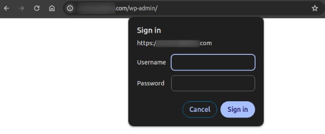 WordPress admin login popup with username field highlighted for sign in